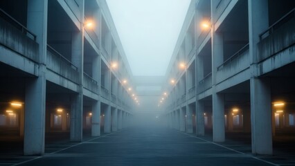 Fototapeta premium Eerie Liminal Space: Foggy Empty Multi-Story Parking Garage with Glowing Lights