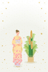 Japanese New Year Card with Kimono Woman and Kadomatsu