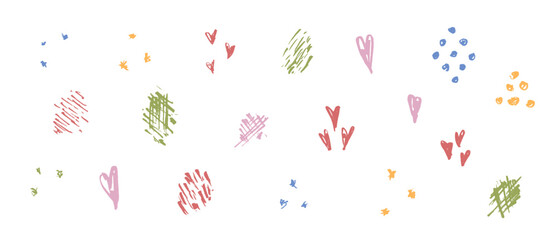 Set of sketch hand drawn textured colorful hearts, stars, drops and circles. Artistic ink drawing squiggle shapes and textures for greeting card design, banner, logo, sticker, poster