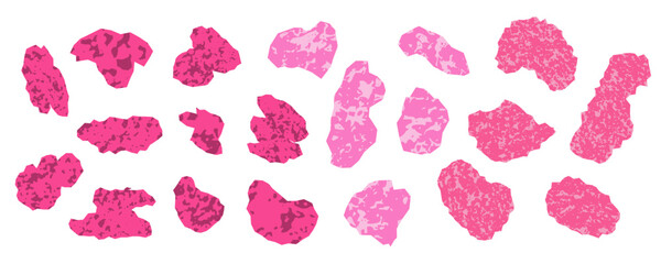 Grunge set of pink and magenta squiggle collage paper shapes with texture effect. Abstract bright torn forms with squiggles and scratches for graphic design, social media, scrapbook