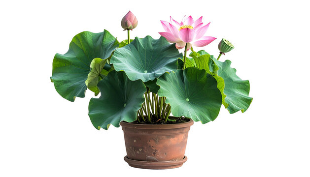 A pink lotus flower blooms, surrounded by green leaves, in a brown potted plant - Powered by Adobe