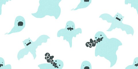 Crayon pencils drawing Halloween Party ghost seamless pattern. Cute watercolor cartoon blue monsters print for greeting cards design, kids textile, banners decor, autumn holiday flyer