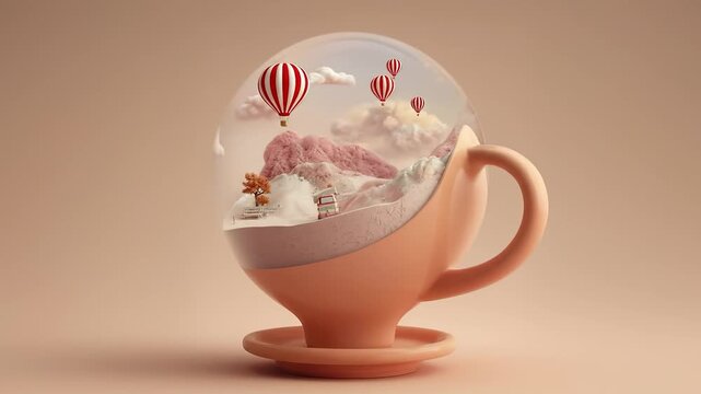 A large cup holds a whimsical landscape with red hot air balloons soaring above pink mountains. A small pink van sits beside a tree, creating a charming scene of adventure.