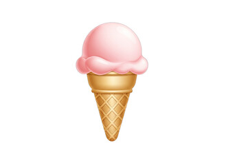 Single Scoop Strawberry Ice Cream Cone With Golden Waffle Texture Isolated On A Plain White Background With Soft Gradients And Smooth Shading Detailed Realistic Food Illustration