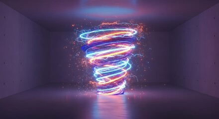 Dynamic luminous vortex amidst serene minimalist chamber interior