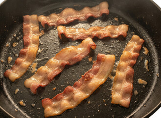 Sizzling Bacon Strips Cooking in a Cast Iron Skillet with Salt Sprinkles and Golden Brown Texture Captured in Close-Up Overhead Shot with Soft Natural Lighting