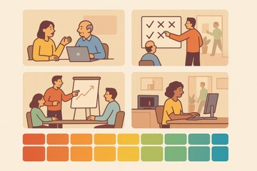 Fototapeta premium Collaborative decision making in a modern workspace showcasing diverse individuals engaged in discussions and presentations reflecting teamwork concepts and professional growth