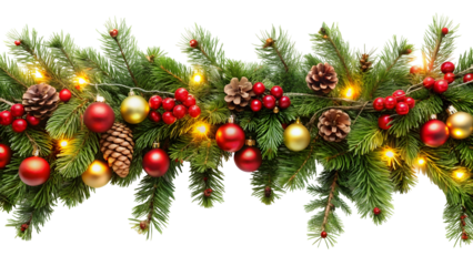 Festive evergreen garland with shimmering lights, inviting red ornaments, pinecones, and bright berries celebrating Christmas cheer