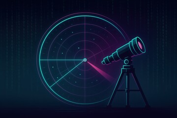 Futuristic radar technology with telescope visualizing digital data patterns in cosmic exploration showcasing advanced analytics and astronomical insights