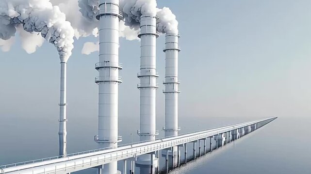 A row of tall industrial smokestacks emits white smoke into a clear sky, standing over a long bridge stretching across calm water, symbolizing industry and environmental impact.