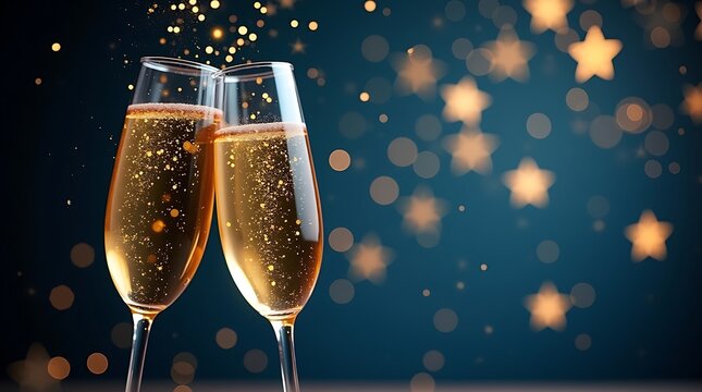 Two champagne glasses clinking in a festive toast against a sparkling blue background