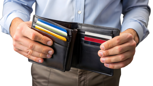 Financial security at your fingertips Businessman holding open wallet with credit cards reveals simple money management and business success