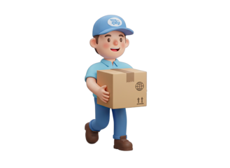 Smiling Delivery Man Wearing Blue Uniform and Cap Carrying Cardboard Box Isolated on Transparent Background