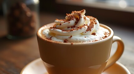 A warm and inviting cup of cappuccino topped with whipped cream and chocolate sprinkles