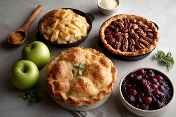 food styling, neatly arranged flat lay of pecan and cherry pies with ingredients and utensils