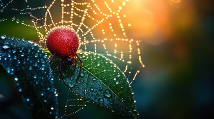 Tiny Red Spider Resting On Dew Covered Leaf With Intricate Web Illuminated By Golden Sunrise Light