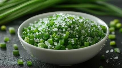 Close up of finely chopped fresh green onions and coarse sea salt in a white bowl with bokeh green stems in the background on a dark textured surface