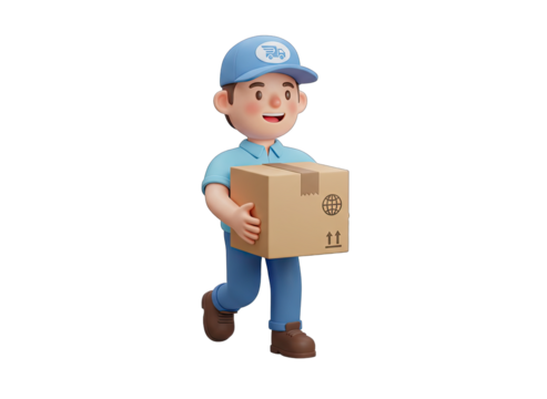 Smiling Delivery Man Wearing Blue Uniform and Cap Carrying Cardboard Box Isolated on Transparent Background