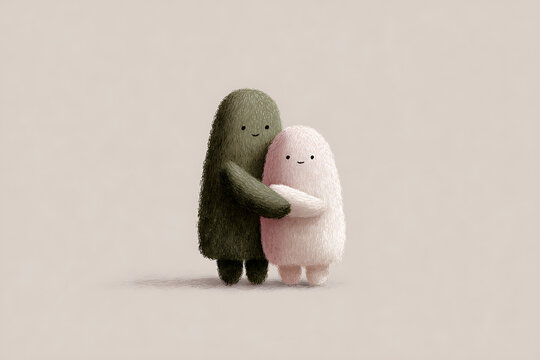 wholesome character illustrations, adorable illustrated characters embracing, featuring gentle pastel hues, conveying a wholesome cartoon vibe