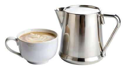 Indulge in a creamy latte with beautiful latte art beside a sleek stainless steel pitcher for a perfect cafe experience at home