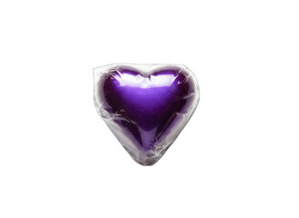 Sparkling Purple Heart Shape Candy Wrapped In Clear Plastic Studio Lighting Isolated On Black Background Close Up Macro Shot
