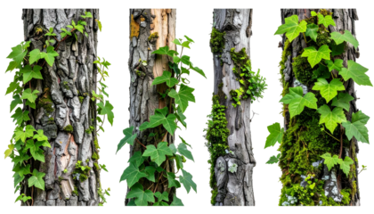 Four tree trunks with various leafy vines and moss growing on their rough textured bark