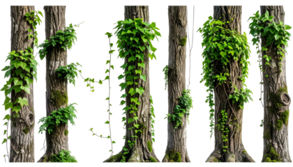 Several tree trunks, some covered in vibrant green ivy, sit against a black background