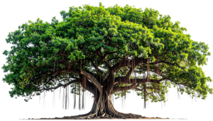 A majestic, mature tree with lush green foliage, prominent roots and aerial roots