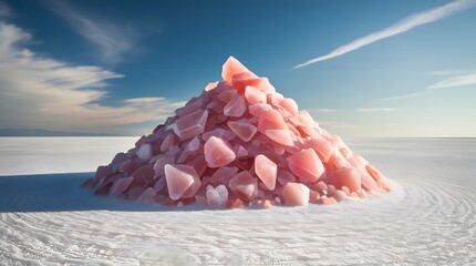 Large pile of pink himalayan salt crystals on a vast white salt flat under a clear blue sky