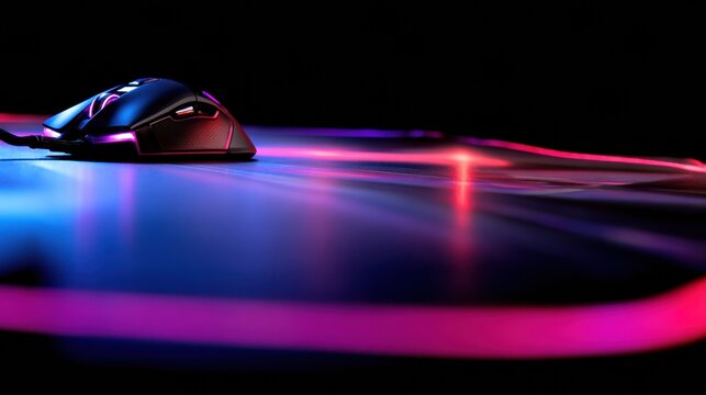 Bright RGB Neon Setup With a Gaming Mouse on a Sleek Desk Surface Ready for Intense Gaming Sessions