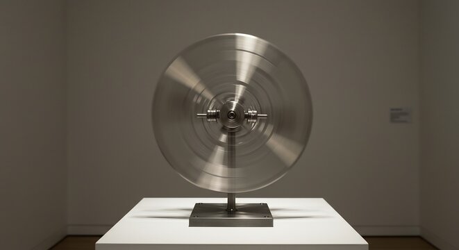 A blurred silver disc on a stand sits atop a white table in a neutral room