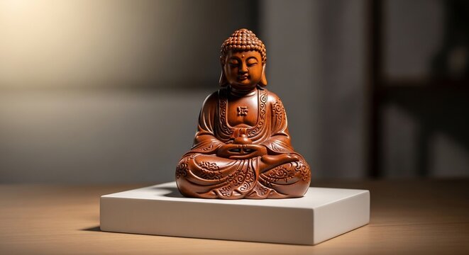 A brown wooden Buddha statue sits on a white pedestal against a blurred background