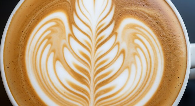 Magnificent tulip latte art on rich coffee surface, close up shot