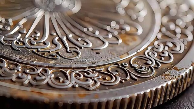 Close-up of intricate metallic craftsmanship, showcasing elegant embossed patterns and stylized script with a soft, sparkling bokeh background, ideal for luxury and cultural themes.