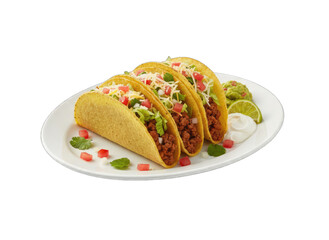 Three Crispy Ground Beef Tacos on a White Plate with Guacamole Sour Cream and Lime Garnishes Isolated on Black Background