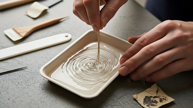 Person stirring fluid in tray, crafting artistry with tools nearby