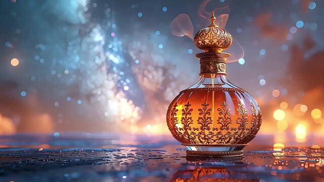 An exquisite, ornate golden bottle filled with amber liquid sits on a reflective surface, surrounded by a magical, ethereal background of blue and orange bokeh lights.