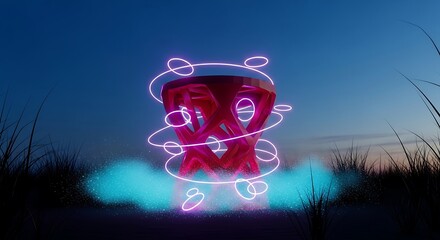 Abstract geometric structure with glowing neon accents at twilight setting
