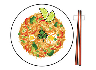 Top Down View Of A Delicious Fried Rice Dish Garnished With Lime Slices And Cilantro Served With Chopsticks on a White Plate Isolated on Black Background