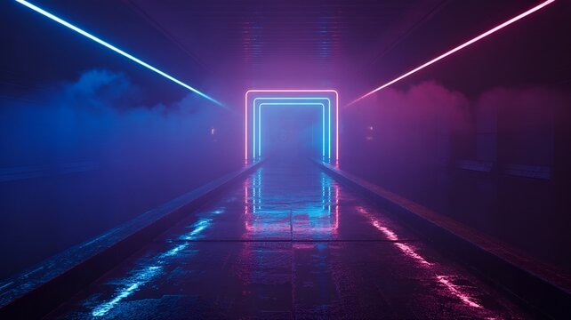 Abstract illuminated tunnel with glowing neon lights creating a futuristic atmosphere.