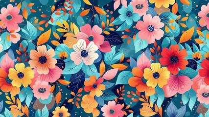 A vibrant abstract floral botanical pattern featuring colorful blossoms and lush leaves on a blue background, perfect for decorative designs.