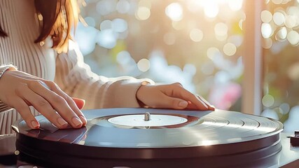 Close-up of hands gently interacting with a spinning vinyl record on a turntable, bathed in warm, golden bokeh light, evoking a nostalgic and peaceful music experience.