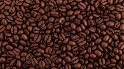 A close-up, top-down view of numerous dark brown roasted coffee beans spread evenly across the surface, showcasing their texture and color.