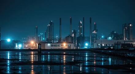 A nighttime industrial cityscape, illuminated by various lights reflecting on a wet rooftop