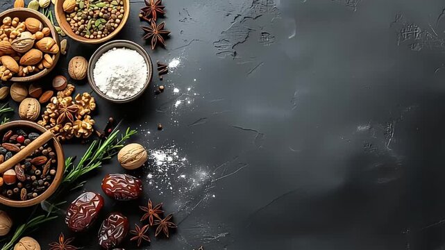 Assorted healthy baking ingredients like nuts, dates, spices, and flour are neatly arranged on a textured dark background, perfect for culinary projects.