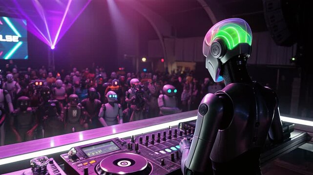 An antique robot with a weathered metallic body stands in a cluttered workshop, camera zooms into its futuristic visor to reveal a robotic female DJ on stage performing to a crowd of robots