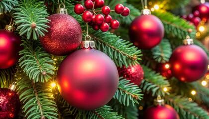 Obraz premium Festive Christmas tree adorned with shiny red ornaments and twinkling lights evokes holiday cheer and warmth for your seasonal designs and promotions