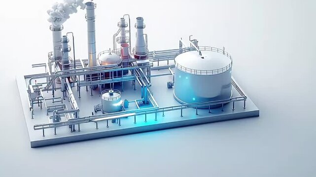 A clean 3D render of a modern industrial complex or chemical plant with interconnected pipes, storage tanks, and smoke stacks, isolated on a white background with subtle blue glowing elements.