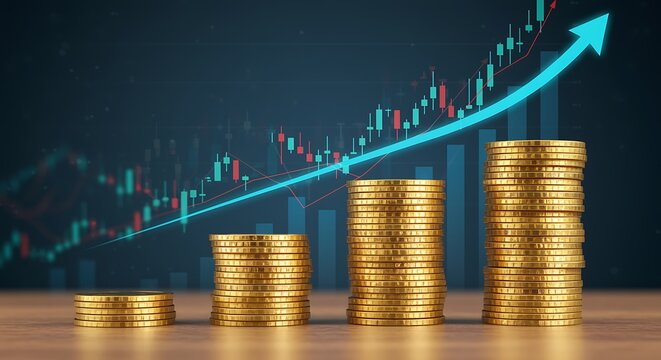 Stacks of gold coins on wooden surface with upward trending stock chart stacks of coins money - Powered by Adobe
