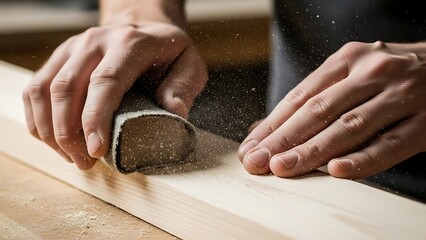 Hands Smoothing Wood Plank with Sandpaper Creating Fine Dust Particles